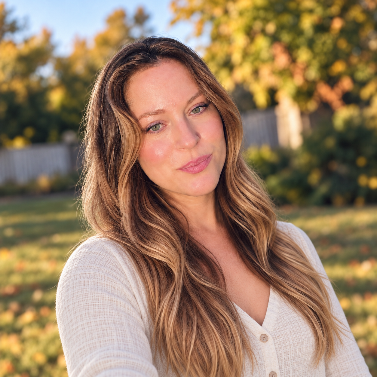 Courtney Thompson outdoors in a cream linen top